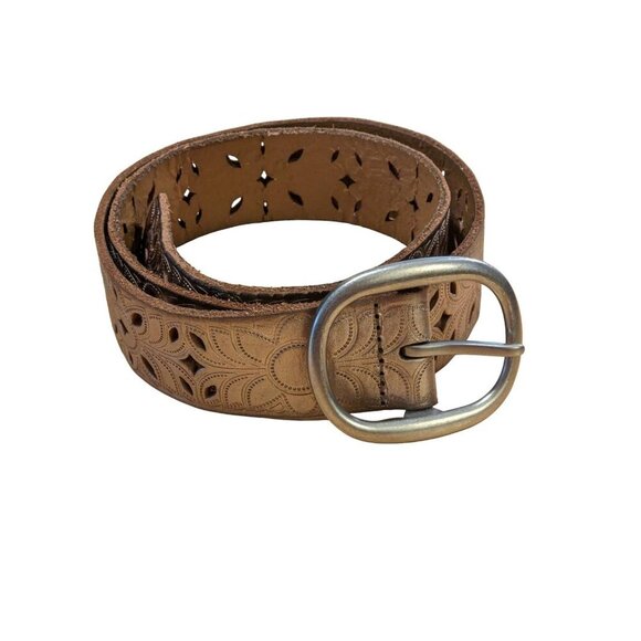 Fossil Leather Belt Size Small Flower Cut Out Gold Metallic - Picture 1 of 6